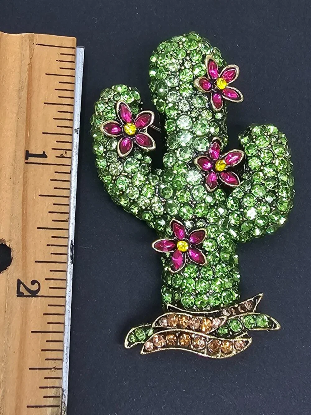 Sparkling Green Cactus & Pink Flower Rhinestone Brooch Pin Gold Toned